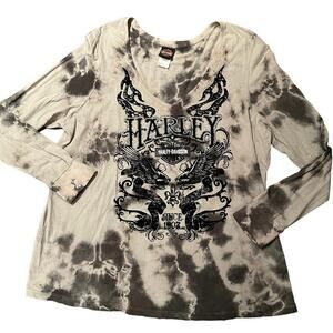 Harley-Davidson Womens 2XL Gray and Black Tie Dye Velvet Logo Shirt V Neck